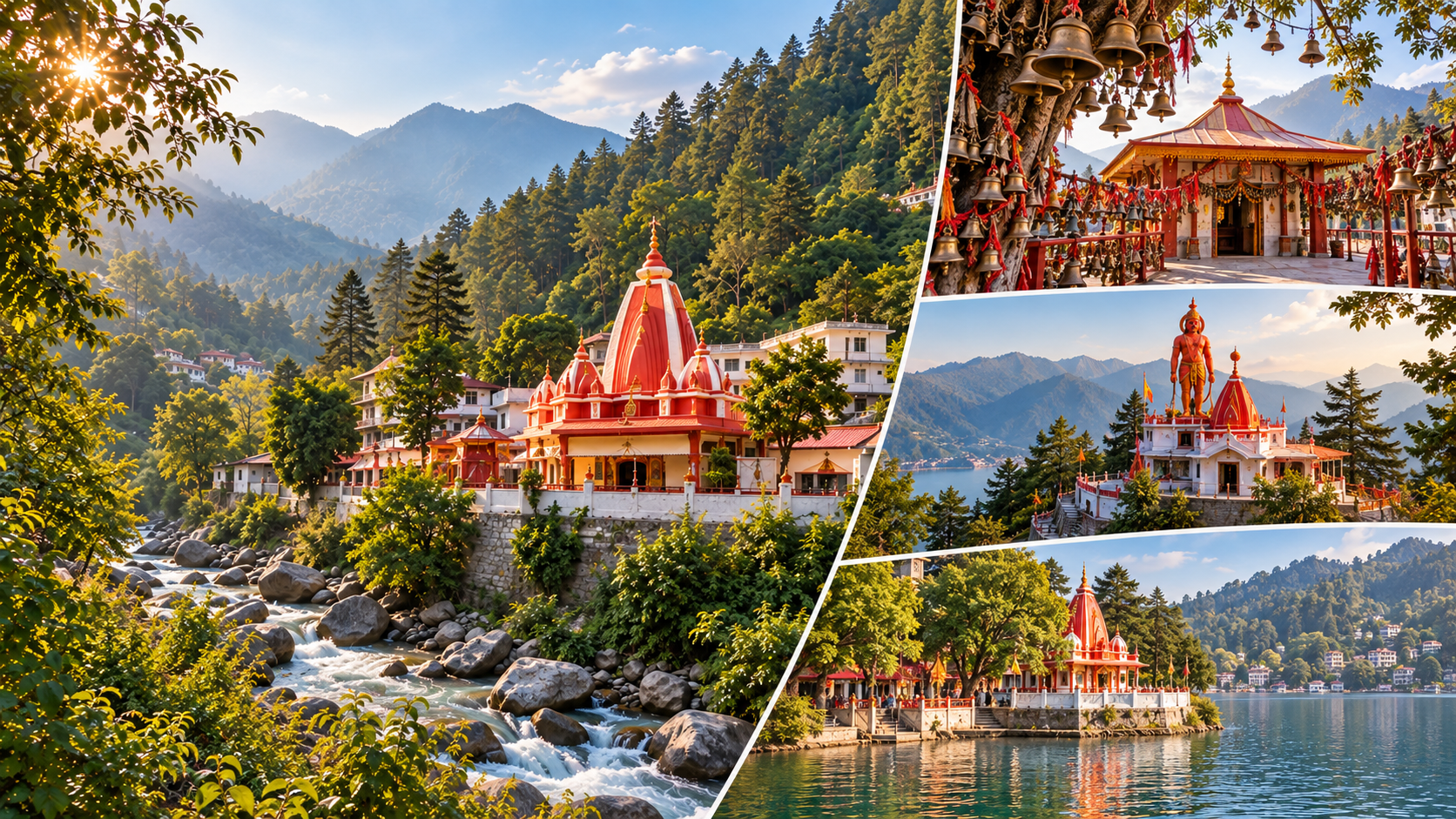 Four-location Kainchi Dham spiritual circuit with Golu Devta, Hanuman Garhi and Naina Devi temples